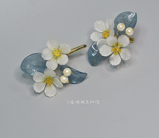 月白梨花 热缩花 梨花发簪发饰发夹 月白色汉服配头发饰