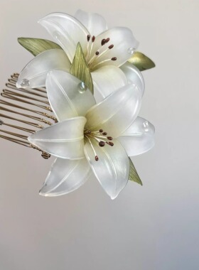 双花百合花 热缩白百合花橙色粉色磨砂高级百搭汉服配饰旗袍日常