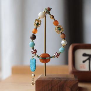 纯铜镶钻配饰 原创多宝串儿 驼骨面包扣 搭配天珠 菱镁矿树叶