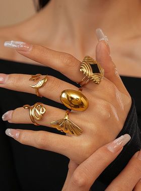 不锈钢蛇形椭圆树叶开口戒指