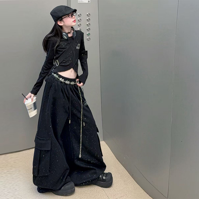 烫钻美式工装裤女童绑绳露脐黑上衣儿童爵士服个性走秀舞蹈演潮服