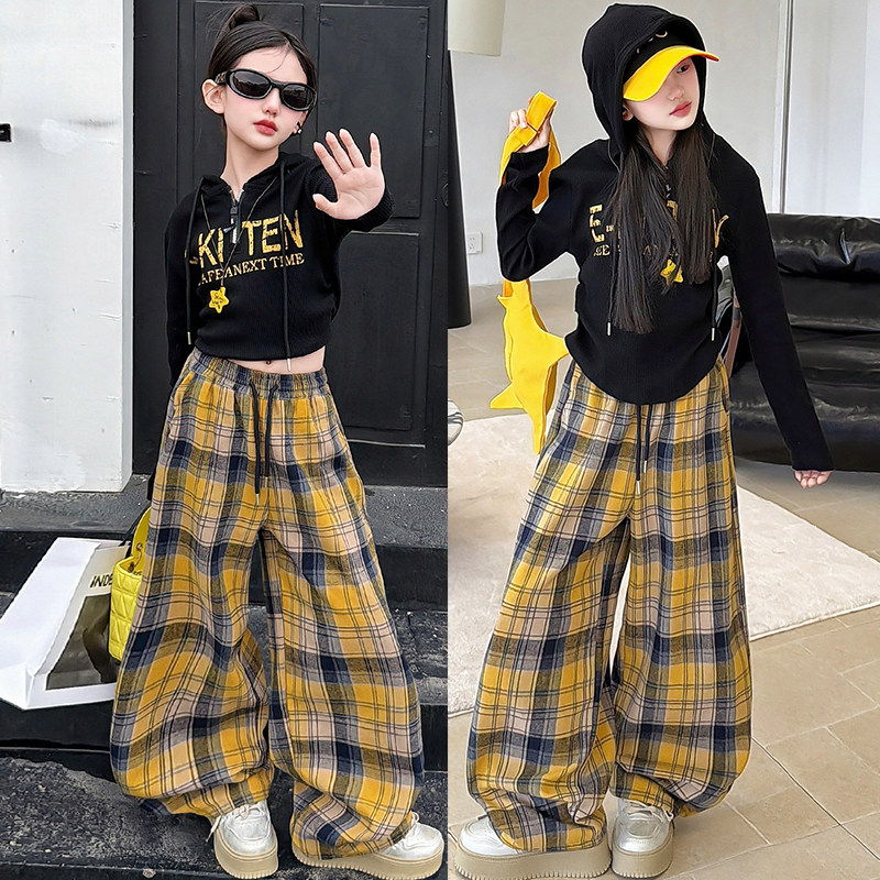 酷飒女童复古格子阔腿裤套装美式儿童爵士服演出服黑色上衣连帽潮,童装/婴儿装/亲子装,儿童演出服,淘宝优惠券,粉丝福利购,淘宝优惠卷