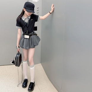 女童爵士夏黑色假两件POLO衫走秀短袖t恤修身短款美式花苞裙套装