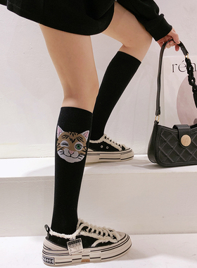 绿色袜子 小腿袜黑色春夏纯棉及膝长筒袜可爱卡通猫头潮酷高筒袜