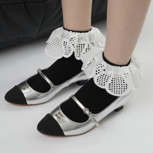 薄款 25春夏miu系芭蕾风白色花边袜子配小皮鞋 堆堆中筒短袜ins韩版