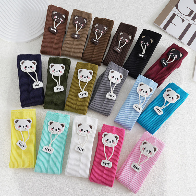 儿童袜子春夏糖果色纯棉中长筒袜男女宝彩色可爱小熊小腿袜堆堆袜