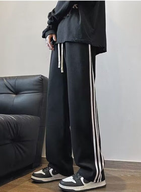 裤子男装秋冬季潮牌宽松直筒运动美式休闲卫裤加绒加厚学生三条杠