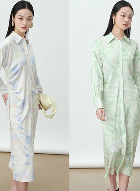 清仓不退/2折起 Rowi  两色不挑肤色腰带细褶收腰显瘦衬衫连衣裙