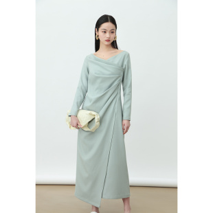 Rowi 日本精纺羊毛玉色限量荡领随意感捏折遮肉长袖春秋连衣裙 女