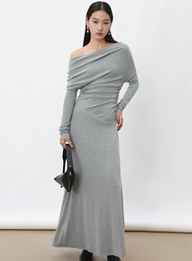 ROWI 百搭针织拉绒修身连身裙长袖羊毛感灰色秋冬万能气质连衣裙