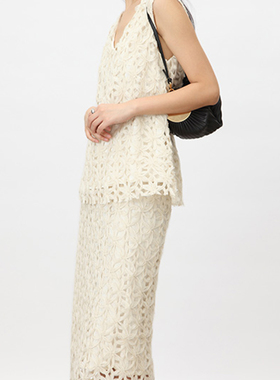 Rowi casa162 手工设计师系列V领显瘦背心中长款半裙镂空花套装女