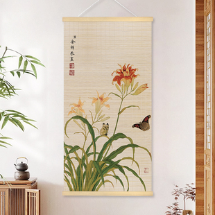 竹帘片挂画花鸟图新中式客厅入户竹艺画书房茶室背景墙装饰竹挂画