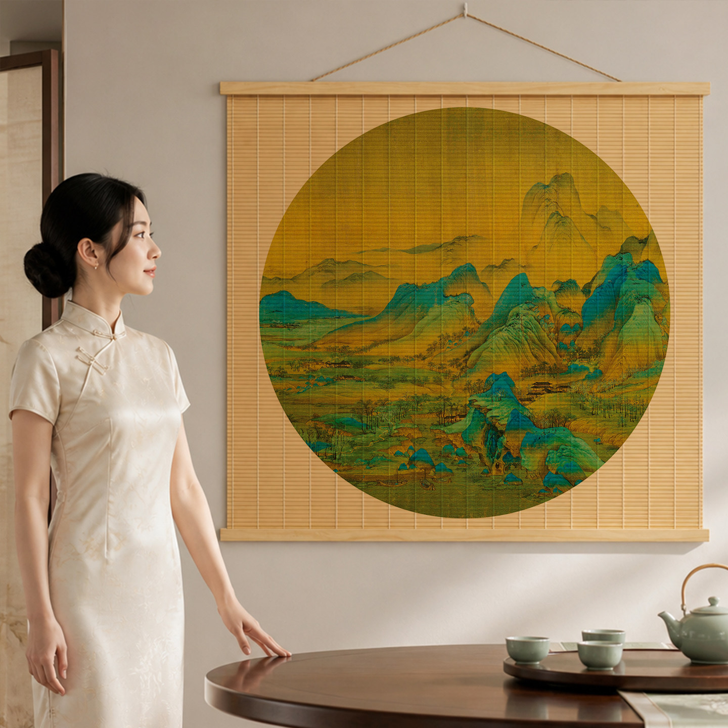 千里江山竹挂画客厅背景墙书房装饰画玄关走廊山水风景竹帘挂画