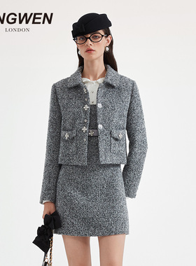 KINGWEN2025秋季新款灰色翻领圈圈呢短外套女轻奢小香风短裤套装
