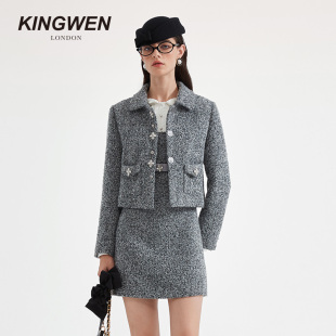 套装 灰色翻领圈圈呢短外套女轻奢小香风短裤 新款 KINGWEN2025秋季