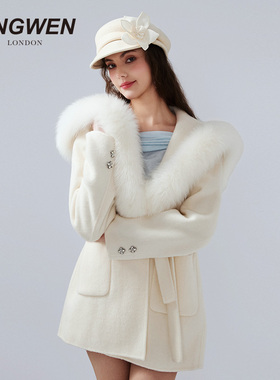 KINGWEN2025冬季新白色短款毛呢外套女狐狸毛领系带双面羊毛大衣