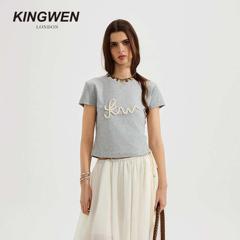 KINGWEN2026春夏新款灰色手工短袖女修身正肩T恤上衣原创设计品牌