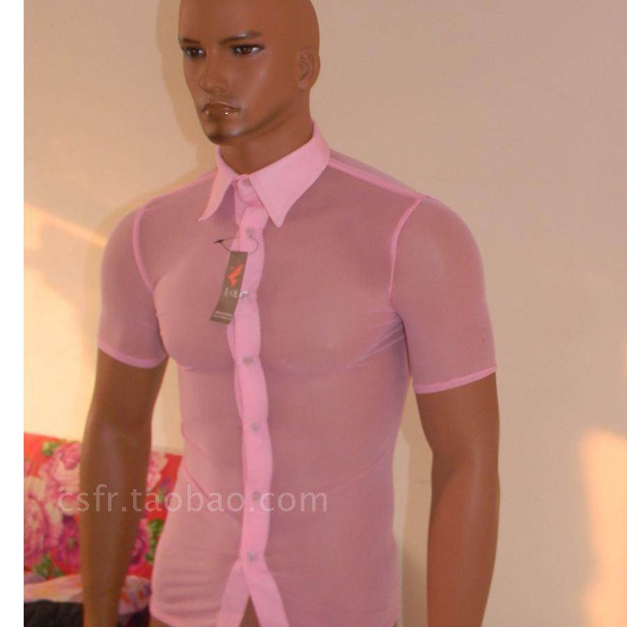男士衬衫男雪纺透明衬衣男士衬衣演出服短袖韩版舞蹈服理发师服