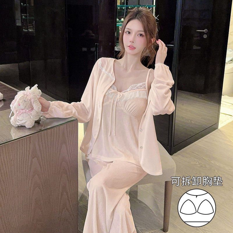 薇尔妮丝秋款金丝绒睡衣女轻奢高级感蕾丝边公主风吊带三件套套装