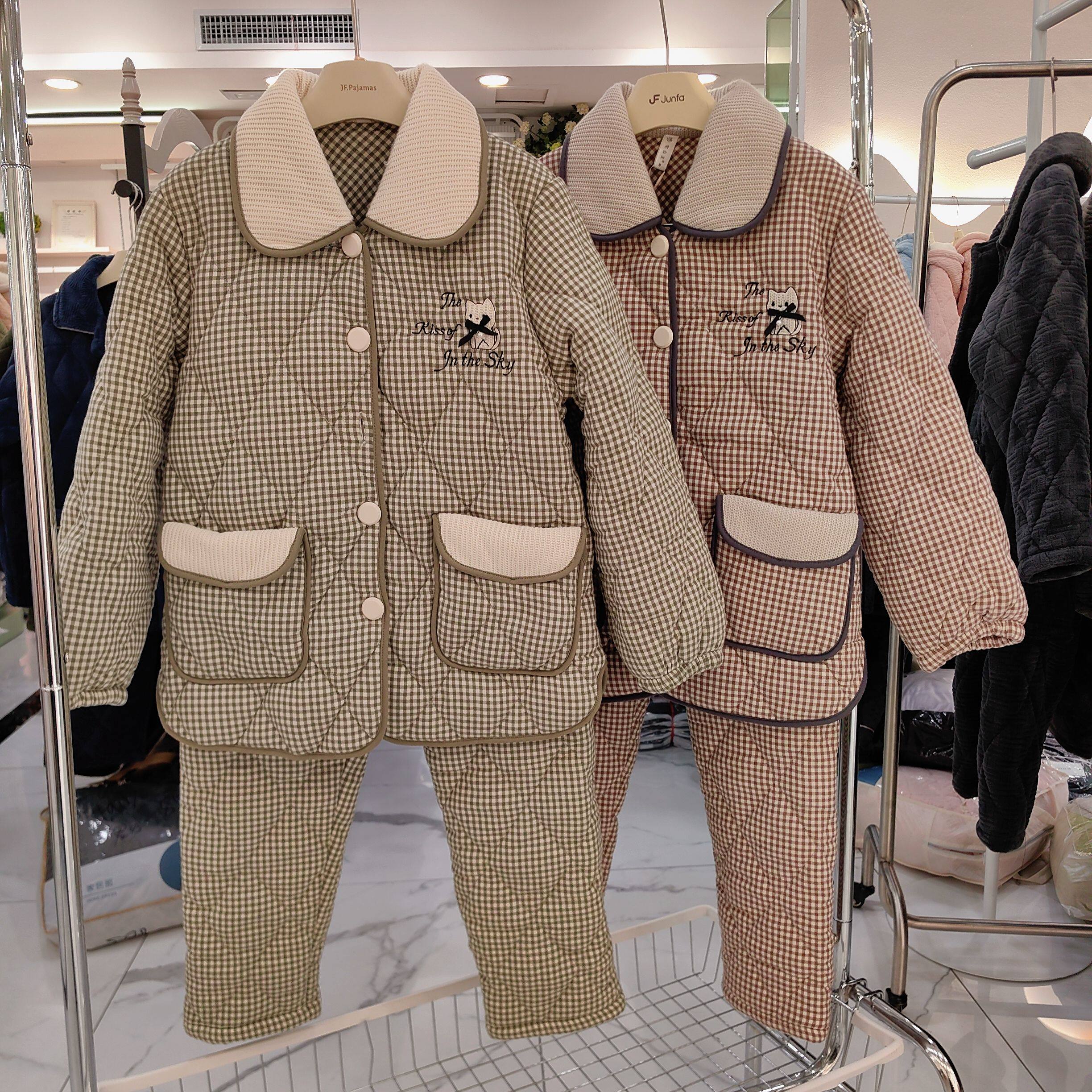 宅公主秋冬天睡衣女士三层夹棉保暖加厚棉布格子可外穿家居服套装