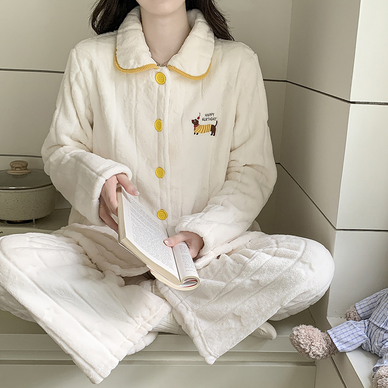 喔密哒牛奶绒开衫加厚保暖珊瑚绒睡衣女士套装亲肤柔软家居服外穿