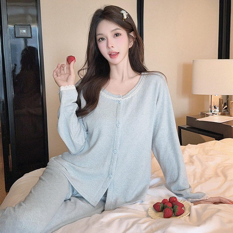 喔密哒羊绒睡衣秋冬女款高级感长袖提花棉保暖家居服可外穿套装
