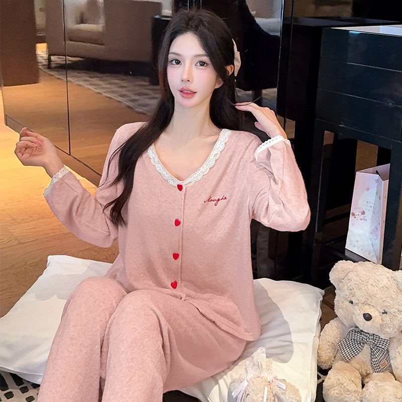 喔密哒睡衣女款秋冬季羊绒棉长袖长裤提花棉保暖可外穿家居服套装