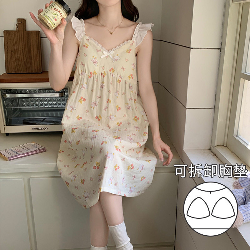 薇尔妮丝夏季女士印花吊带棉绸睡裙纯棉纱布睡衣棉纱家居服带胸垫