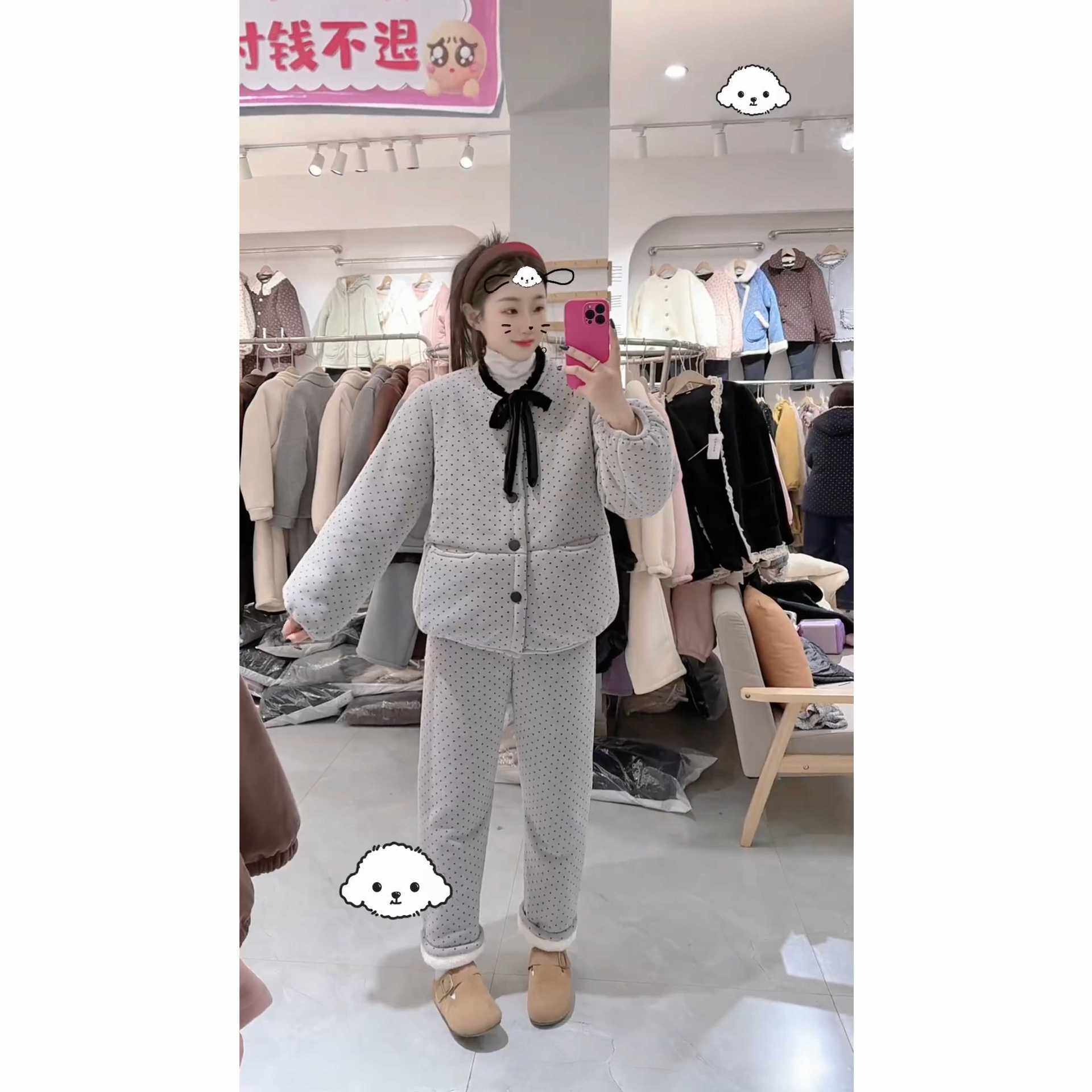 黑色波点棉衣三层夹棉睡衣女冬季新款加厚开衫棉服保暖家居服套装