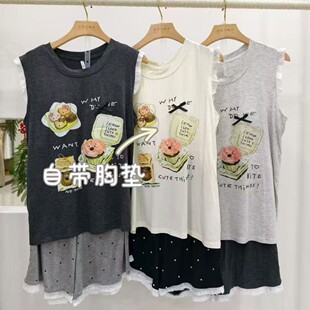 圆领背心短裤 家居肤可外穿 新韩系女士睡衣卡通无袖 花鹿野7602夏季