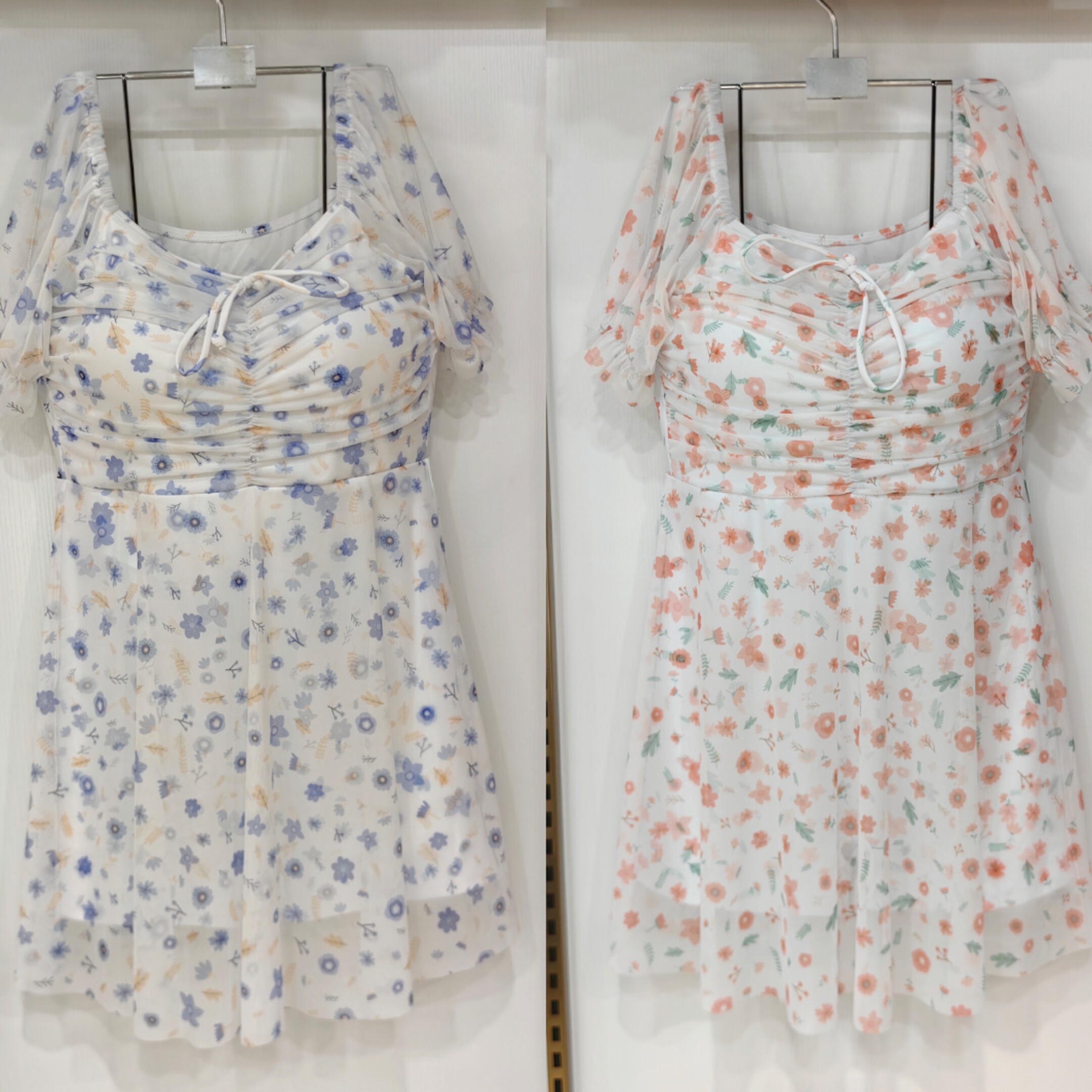 夏思芬网纱碎花连体裙子游泳衣女泡泡袖气质高腰修身显瘦保守6010