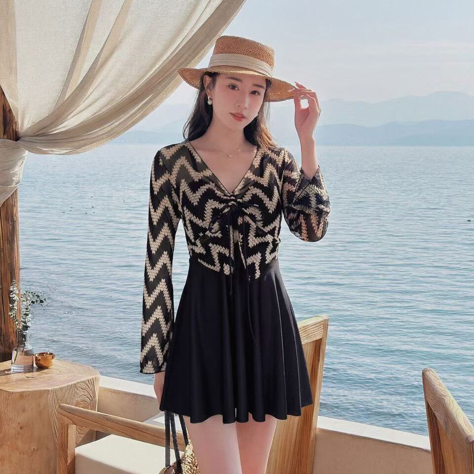 奇海26242新款成人泳衣连体吊带裙式高级感气质长袖防晒泳装女士