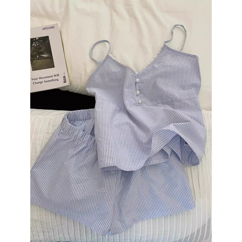 条纹吊带睡衣女夏款2026年吊带短裤家居服套装夏牛奶丝舒适可外穿