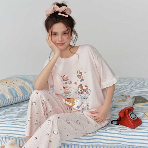 2026美芽草夏季睡衣女短袖长裤休闲圆领卡通少女休闲家居服28073