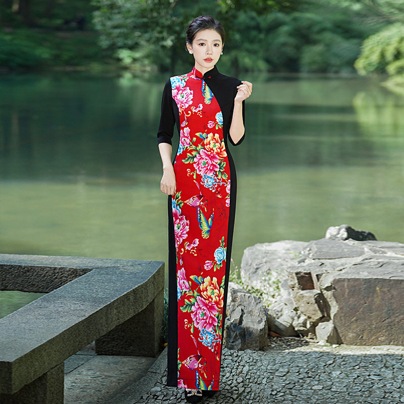 2026新款修身改良高弹力长款走秀旗袍裙表演出服舞台妈妈装宴会女