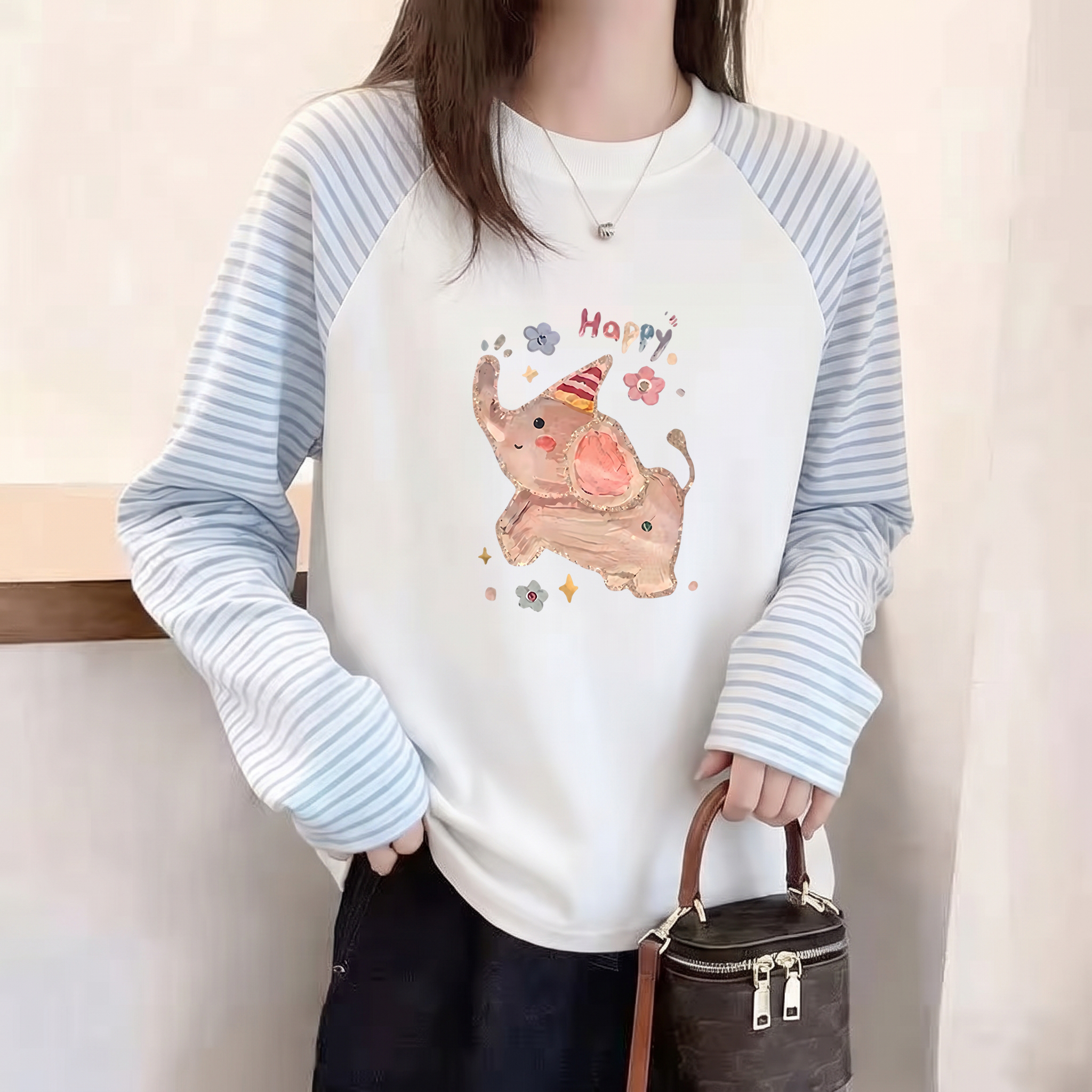 女童秋装韩版纯棉长袖T恤插肩袖