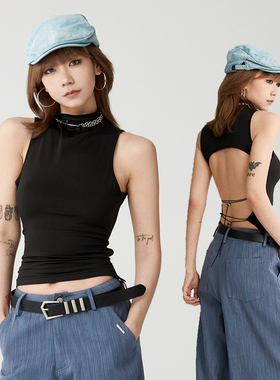 VCR STUDIO 黑色辣妹修身性感露背系带背心女夏显瘦设计感原创