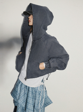 VCR STUDIO设计感水洗做旧复古牛仔短外套秋冬灰色连帽上衣女夹克