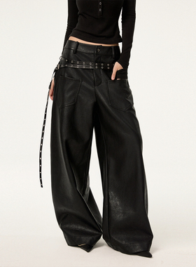 VCR STUDIO气场全开！设计感双腰带弯刀裤中低腰百搭阔腿PU皮裤女