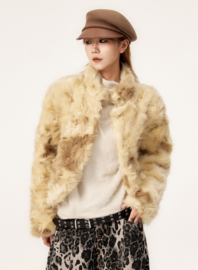 VCR STUDIO 中古感复古皮草短外套千禧渐染卷毛宽松立领加厚秋冬