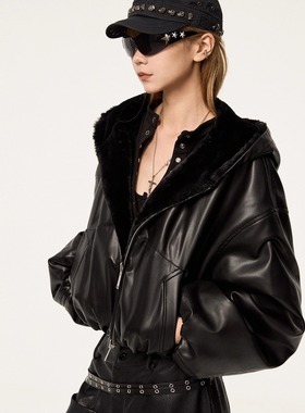 VCR STUDIO一衣两穿机车皮衣兔毛皮草连帽短外套双面设计感秋冬女