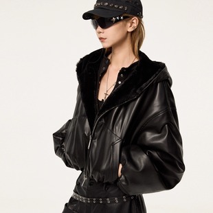 VCR STUDIO一衣两穿机车皮衣兔毛皮草连帽短外套双面设计感秋冬女