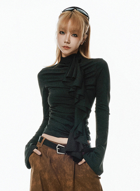 VCR STUDIO荷叶边高级设计感针织衫女秋冬显瘦长袖黑色内搭上衣