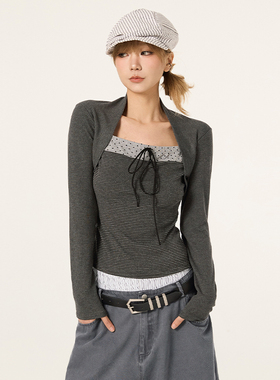 VCR STUDIO 复古纯欲风假两件上衣拼接长袖T恤女春波点条纹打底衫