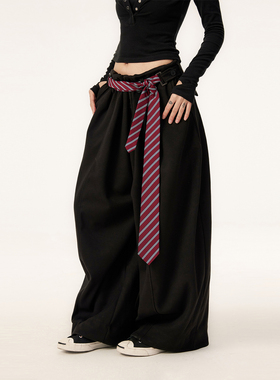 VCR STUDIO美式休闲松弛感黑色绑带弯刀裤加厚保暖秋冬阔腿裤卫裤