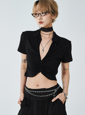 VCR STUDIO原创新中式V领绑带T恤夏弹力修身镂空短袖高智百搭上衣