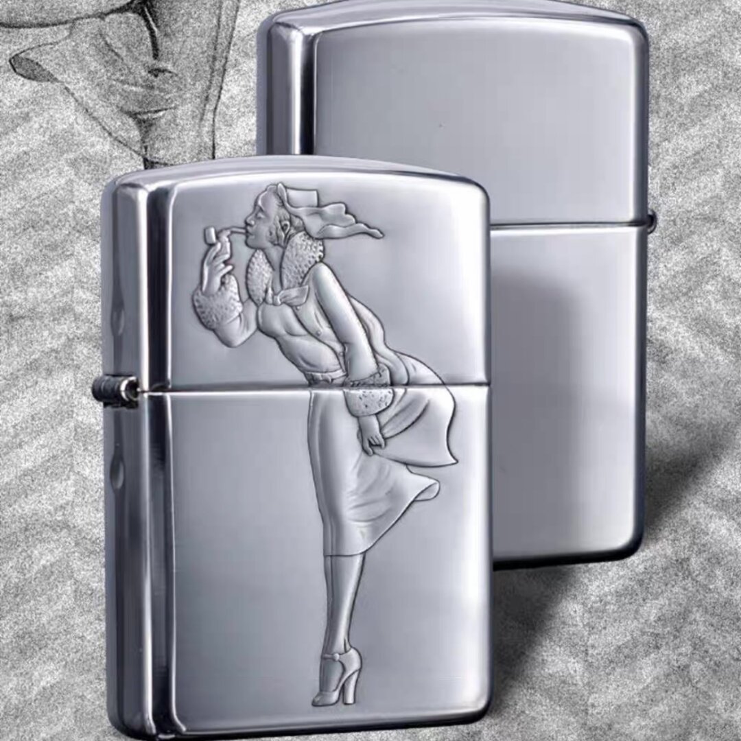 正版ZIPPO煤油打火机 蚊版纯银收藏盔甲浮雕捆绑风中牛仔女郎