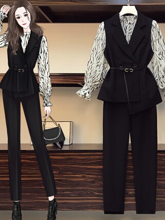 Middle-Aged Plus-Size Women's Clothing, Young Mothers' New Autumn Suit, Vest, Long Pants, Age-Reducing, Stylish, Slimming Three-Piece Set for Spring