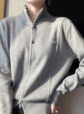 灰色双拉链高领针织衫开衫运动短款洋气上衣小个子秋季毛衣外套女