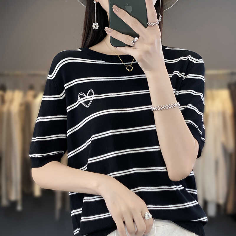 2024新款柔软亲肤爱心刺绣条纹显瘦冰丝短袖T恤女夏季圆领百搭宽
